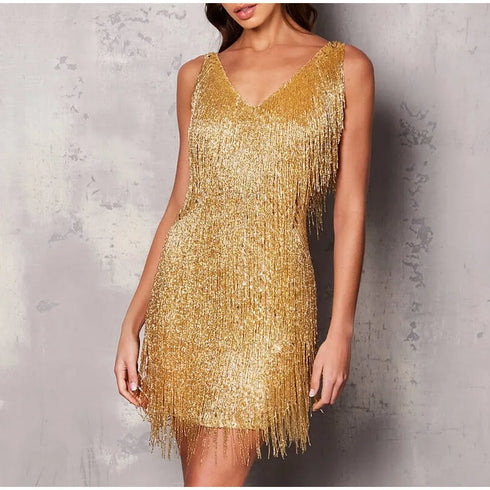 Elegant Sequined Mini Dress with Tassels and Feathers for Women - Spaghetti Strap Evening Party Attire